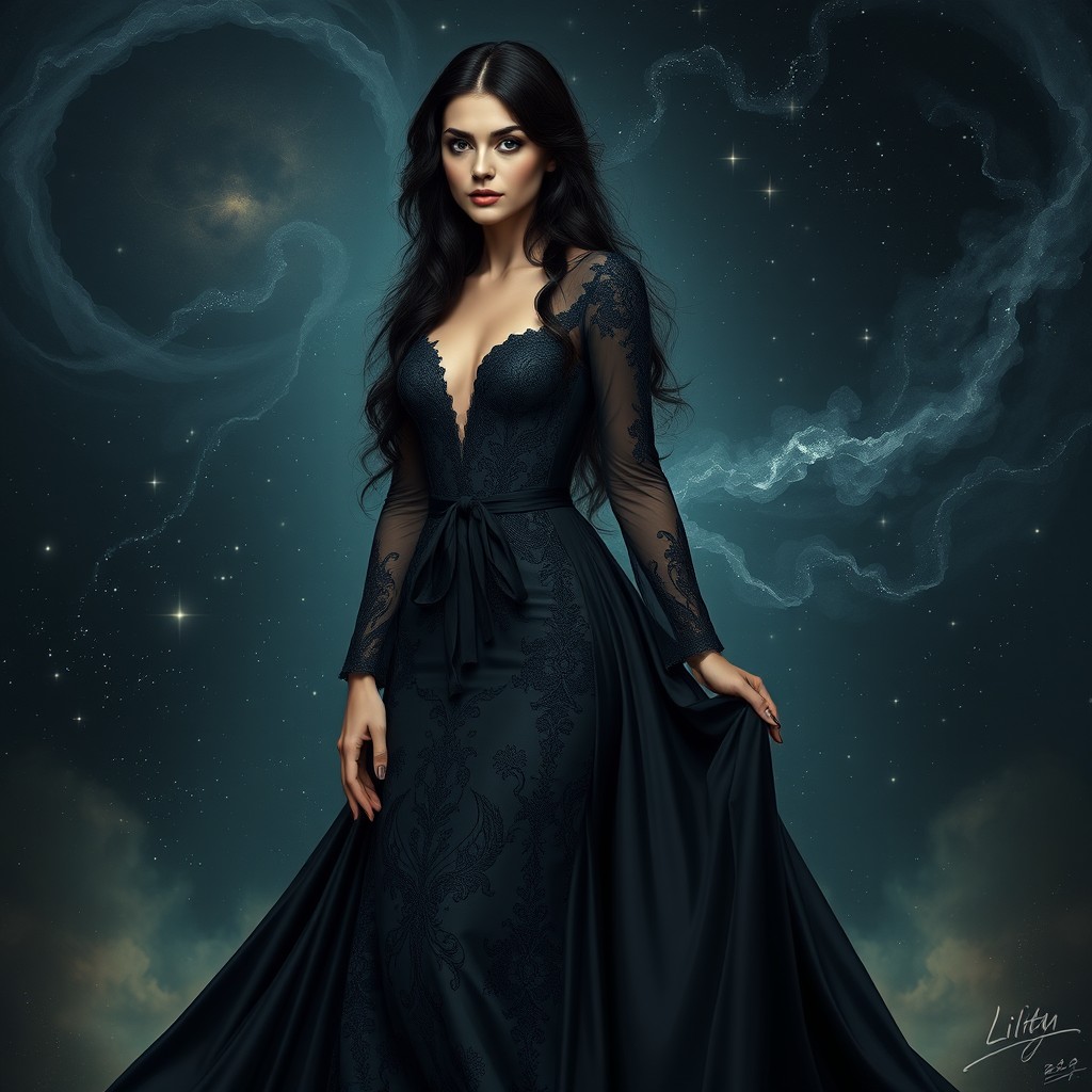A stunning portrayal of Lilith, elegantly dressed in a flowing black gown, embodying an ethereal and powerful presence