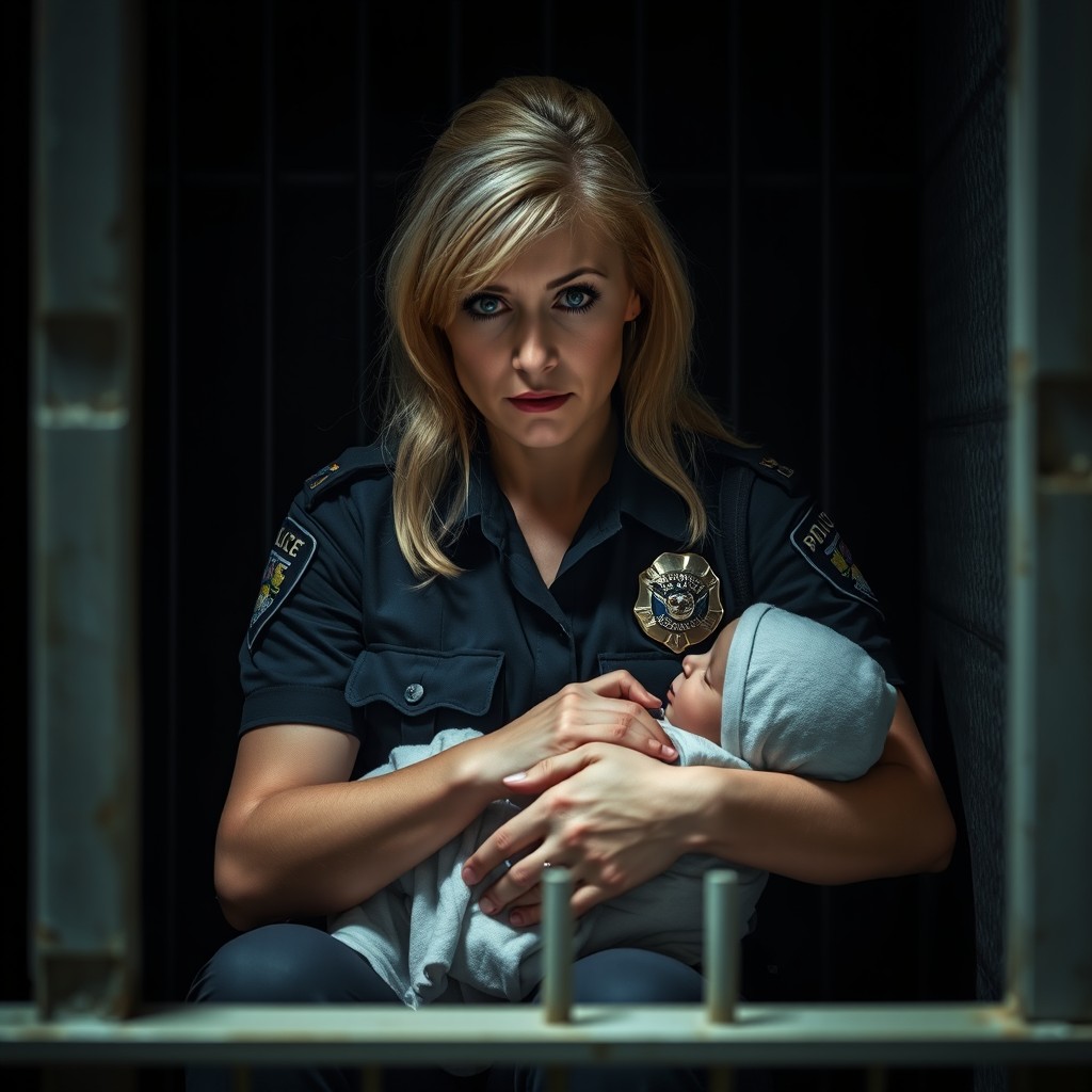 A poignant scene featuring a blonde policewoman sitting in a dimly lit prison cell, conveying a deep sense of heartbreak