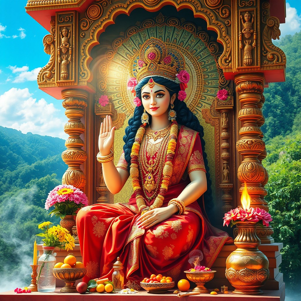 A majestic depiction of Kamakhya Devi, the revered goddess of Shakti in Hindu mythology