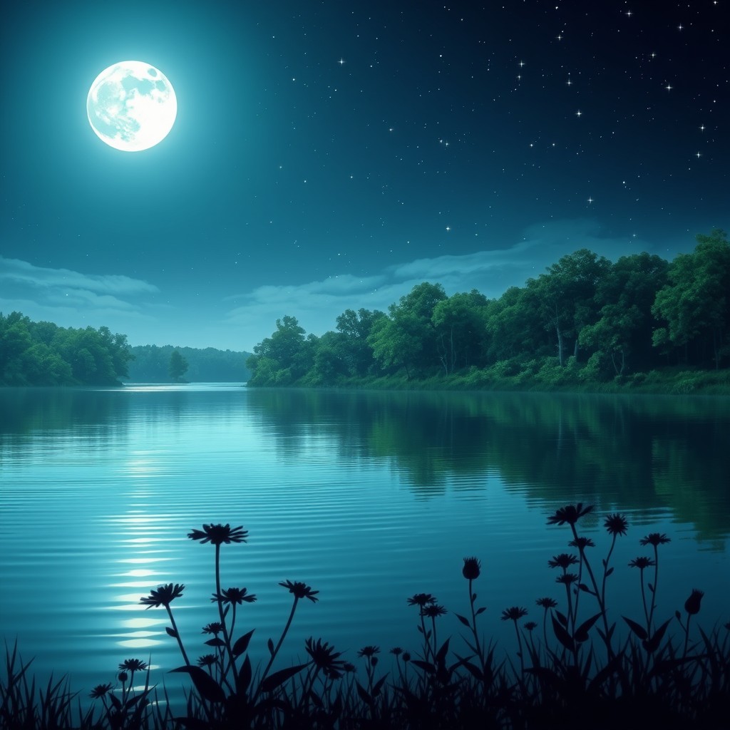 a serene and tranquil night scene, featuring a beautiful moonlit sky with numerous twinkling stars, reflecting on a calm lake surrounded by lush trees and softly illuminated by the moonlight
