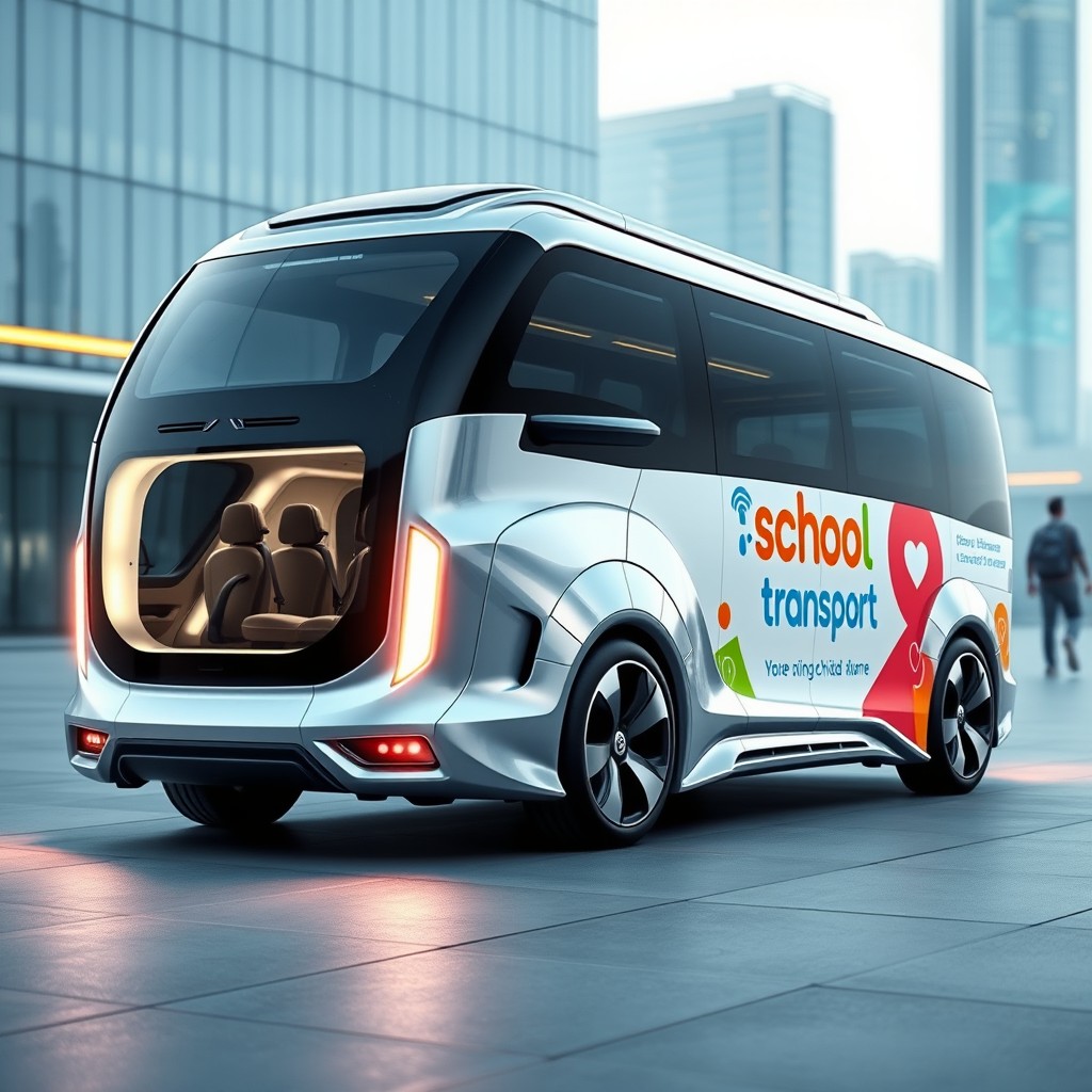 A futuristic school transport van designed for commercial purposes
