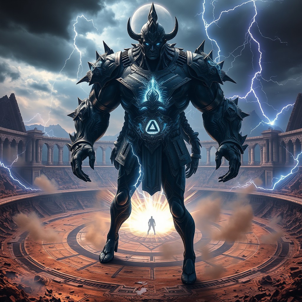 A colossal ancient-futuristic battlefield with shattered earth and uprooted mountains, featuring a circular arena even larger than a stadium