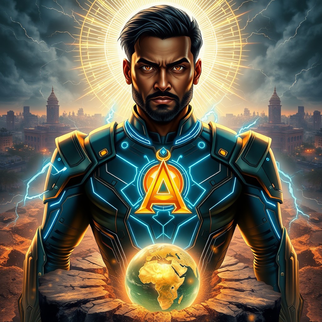 Ultra-realistic cinematic graphic novel book cover illustration for an Indian superhero epic titled “INDRAVAJRA AKSHAR: THE HEART OF EARTH”
