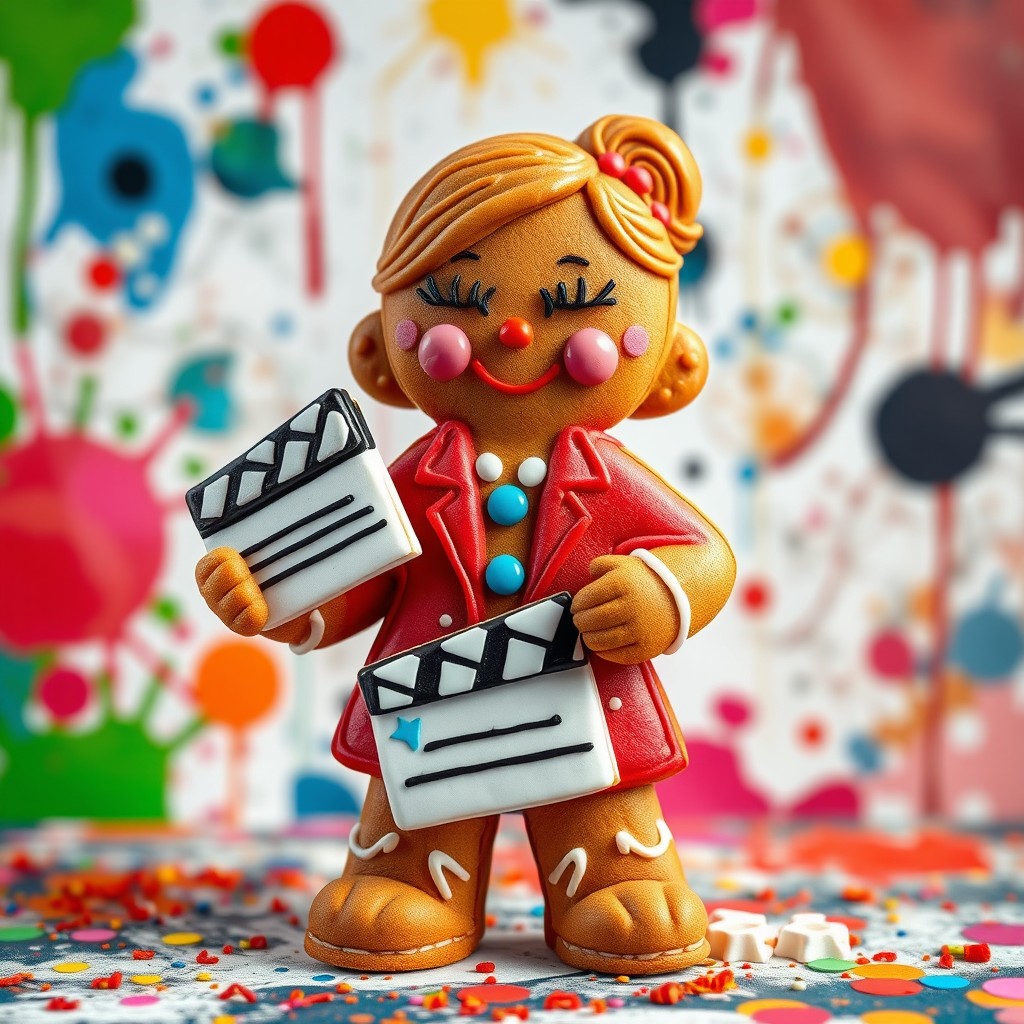 A whimsical gingerbread woman figure designed to resemble a female director, wearing a stylish red blazer