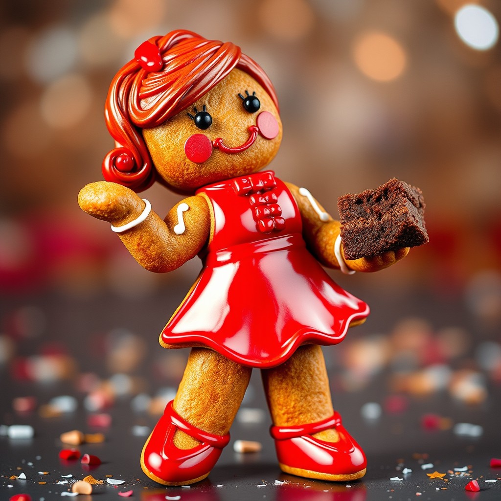 A charming gingerbread woman figure designed to embody a female director, dressed in a striking red dress and shiny high-heeled shoes