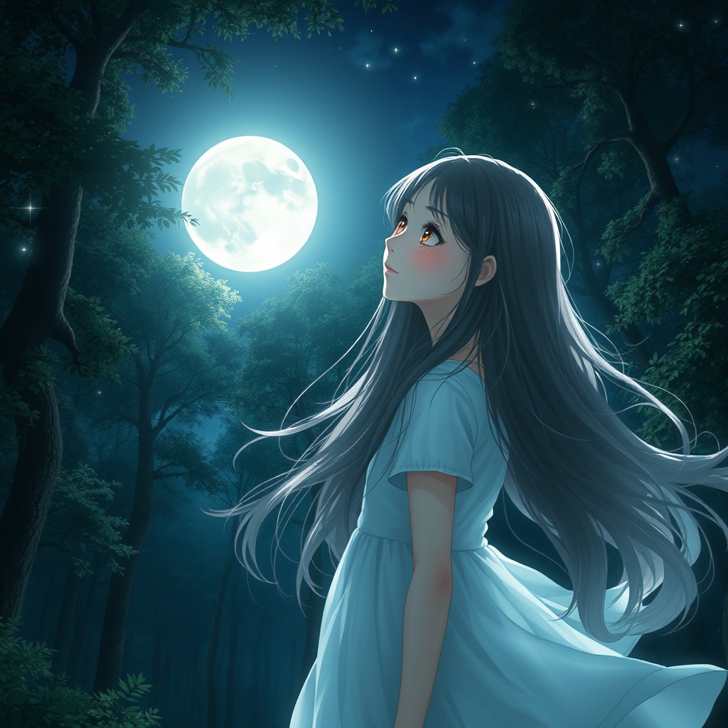 A girl with long flowing hair gazes thoughtfully away at a radiant full moon shining brightly in the night sky