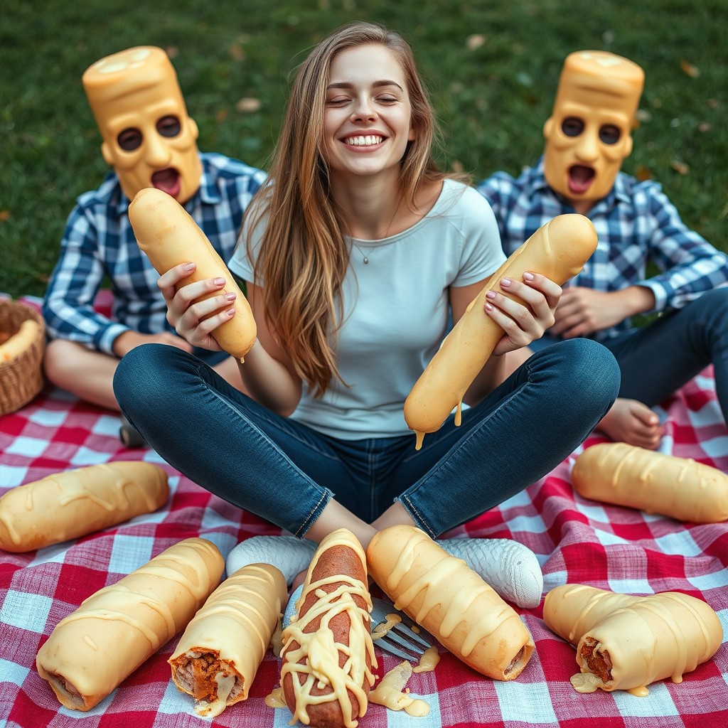 A beautiful Swedish girl, 18 years old, sitting criss-cross on a vibrant picnic blanket, smiling with her eyes closed