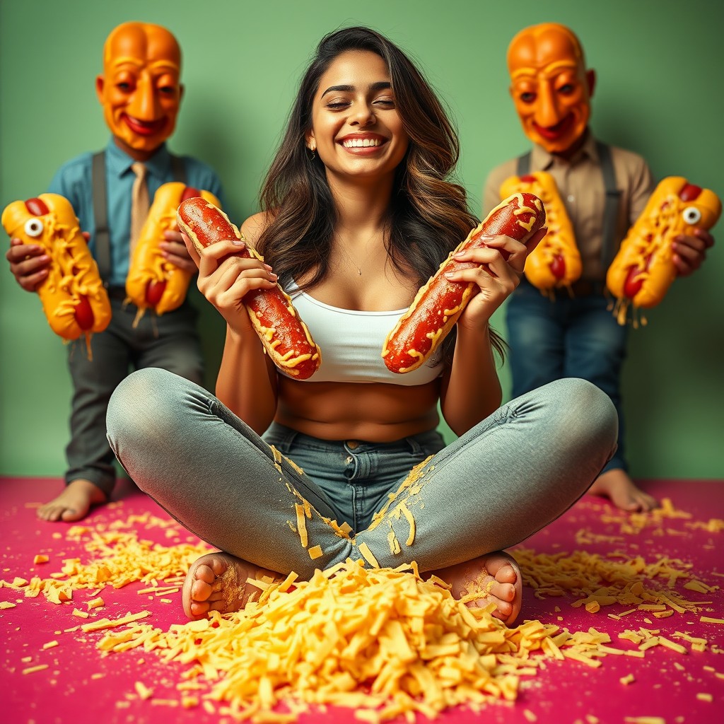 A hot Pakistani woman sitting criss-cross, smiling with her eyes closed, wearing tight jeans