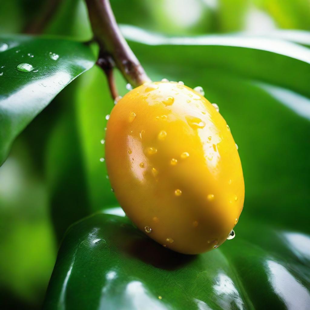 A reflective, shiny mango with dew drops, resting on a tropical leaf surface under soft sunlight