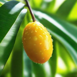 A reflective, shiny mango with dew drops, resting on a tropical leaf surface under soft sunlight