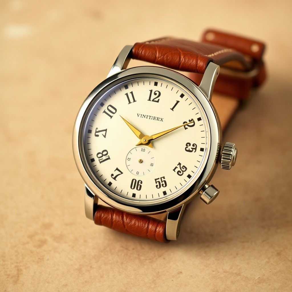A beautifully designed retro watch showcasing a classic dial with elegant hour and minute markings, vintage leather strap with intricate stitching, and a polished metal casing