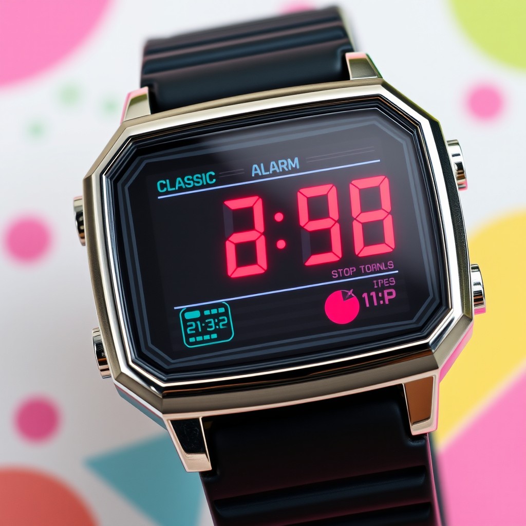 A retro style digital watch featuring a vibrant LED display with bold numbers and a sleek, angular design common in the 1980s