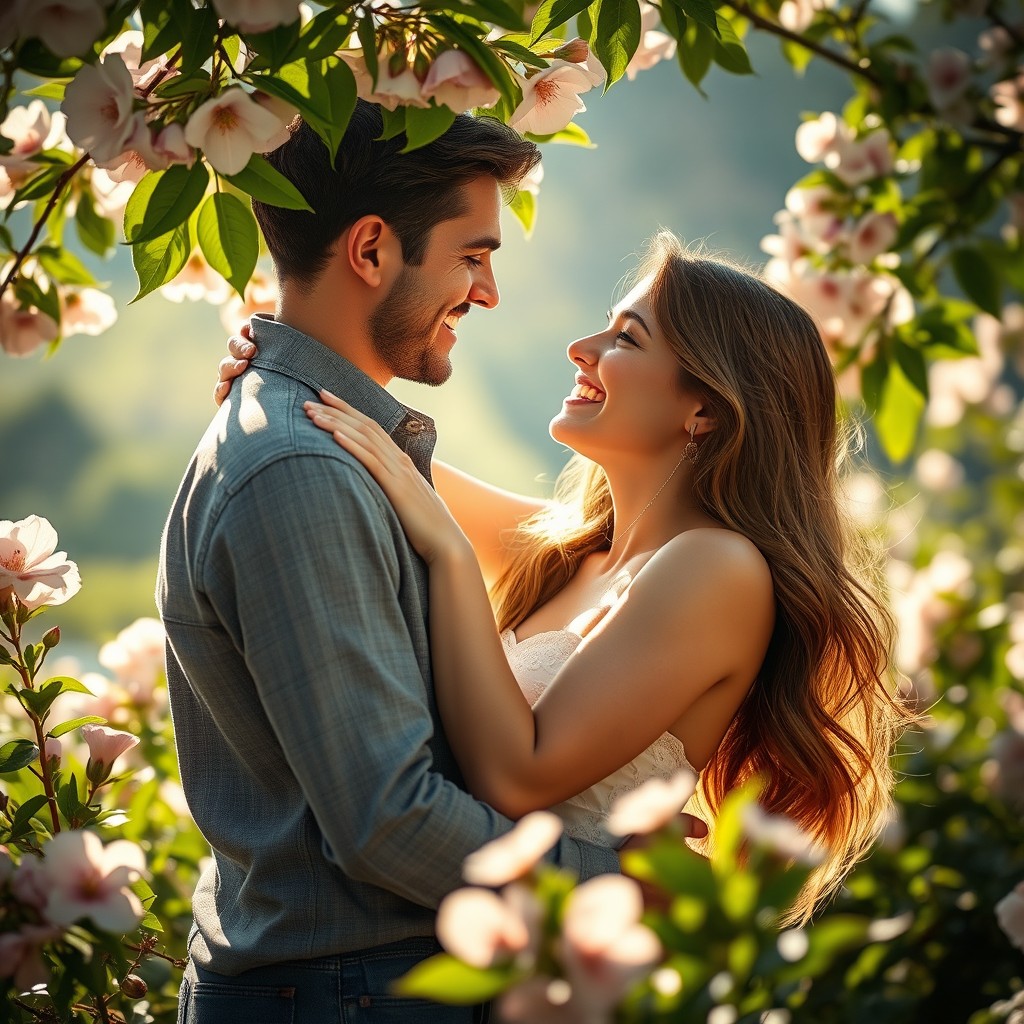 A romantic scene featuring a beautiful couple in a serene environment, surrounded by blooming flowers and lush greenery