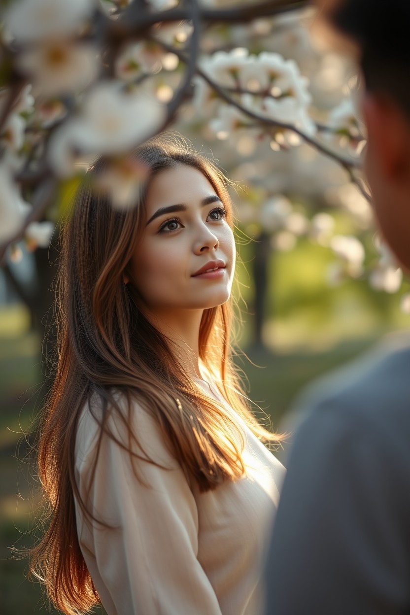 A beautiful woman admiring her twin sister's friend from a distance, capturing the essence of her admiration and longing, set in a serene park with soft light filtering through the trees