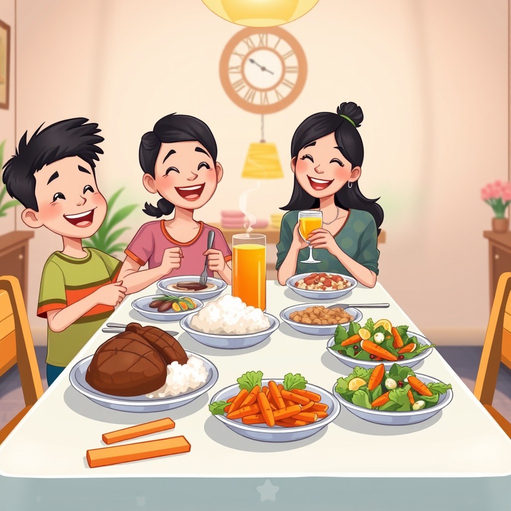 A colorful cartoon scene of a happy family sitting around a dining table