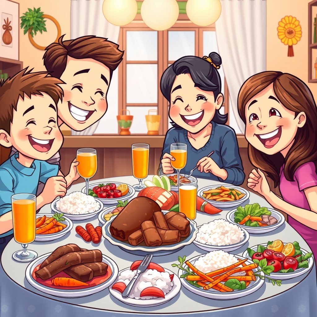 A colorful cartoon scene of a happy family gathered around a dining table, featuring one son and one daughter enjoying their meal together