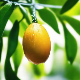 A reflective, shiny mango with dew drops, resting on a tropical leaf surface under soft sunlight