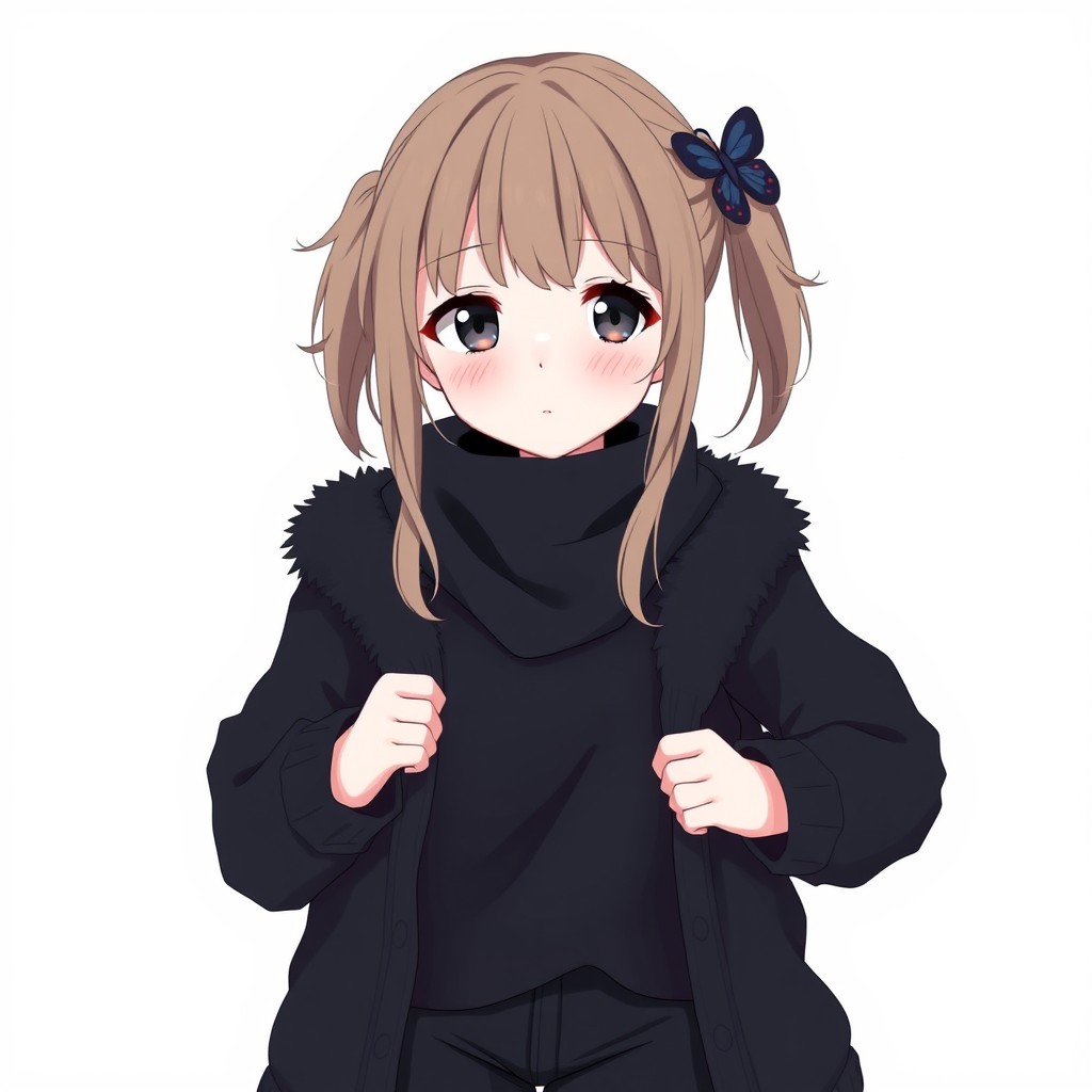 An anime girl with dark dirty blonde hair styled into two playful pigtails, accented by bangs that gently cover her forehead