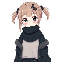 An anime girl with dark dirty blonde hair styled into two playful pigtails, accented by bangs that gently cover her forehead