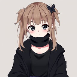 An anime girl with dark dirty blonde hair styled into two playful pigtails, accented by bangs that gently cover her forehead