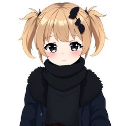 An anime girl with dark dirty blonde hair styled into two playful pigtails, accented by bangs that gently cover her forehead