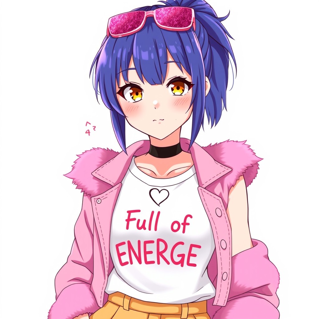 An anime woman with striking blue-violet hair styled in a traditional samurai cut, featuring a ponytail at the back of her head and very short sides and back