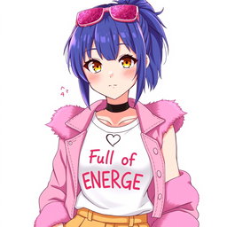 An anime woman with striking blue-violet hair styled in a traditional samurai cut, featuring a ponytail at the back of her head and very short sides and back