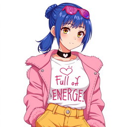 An anime woman with striking blue-violet hair styled in a traditional samurai cut, featuring a ponytail at the back of her head and very short sides and back