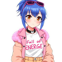 An anime woman with striking blue-violet hair styled in a traditional samurai cut, featuring a ponytail at the back of her head and very short sides and back