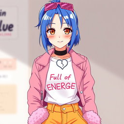 An anime woman with striking blue-violet hair styled in a traditional samurai cut, featuring a ponytail at the back of her head and very short sides and back