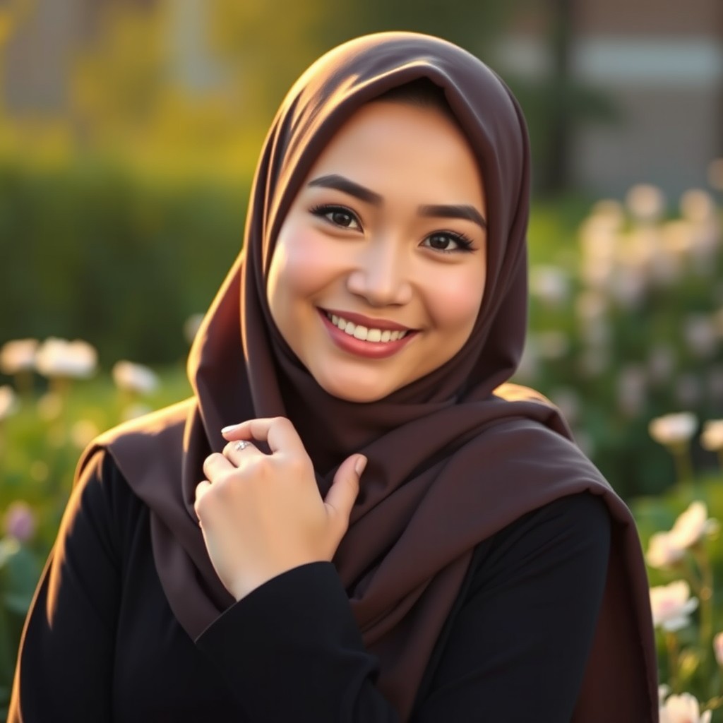 A stunningly beautiful Muslim woman of Asian descent, wearing a stylish hijab that complements her elegant outfit