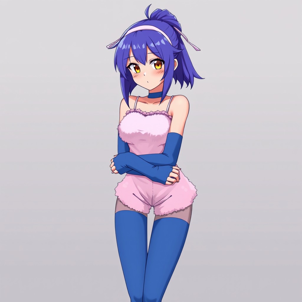 An anime woman with striking blue-violet hair styled in a sharp samurai cut, featuring a ponytail at the back and very short/buzzed sides and back
