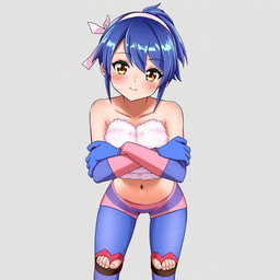 An anime woman with striking blue-violet hair styled in a sharp samurai cut, featuring a ponytail at the back and very short/buzzed sides and back