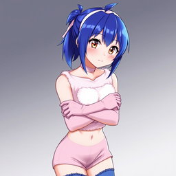 An anime woman with striking blue-violet hair styled in a sharp samurai cut, featuring a ponytail at the back and very short/buzzed sides and back