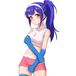 An anime woman with striking blue-violet hair styled in a sharp samurai cut, featuring a ponytail at the back and very short/buzzed sides and back