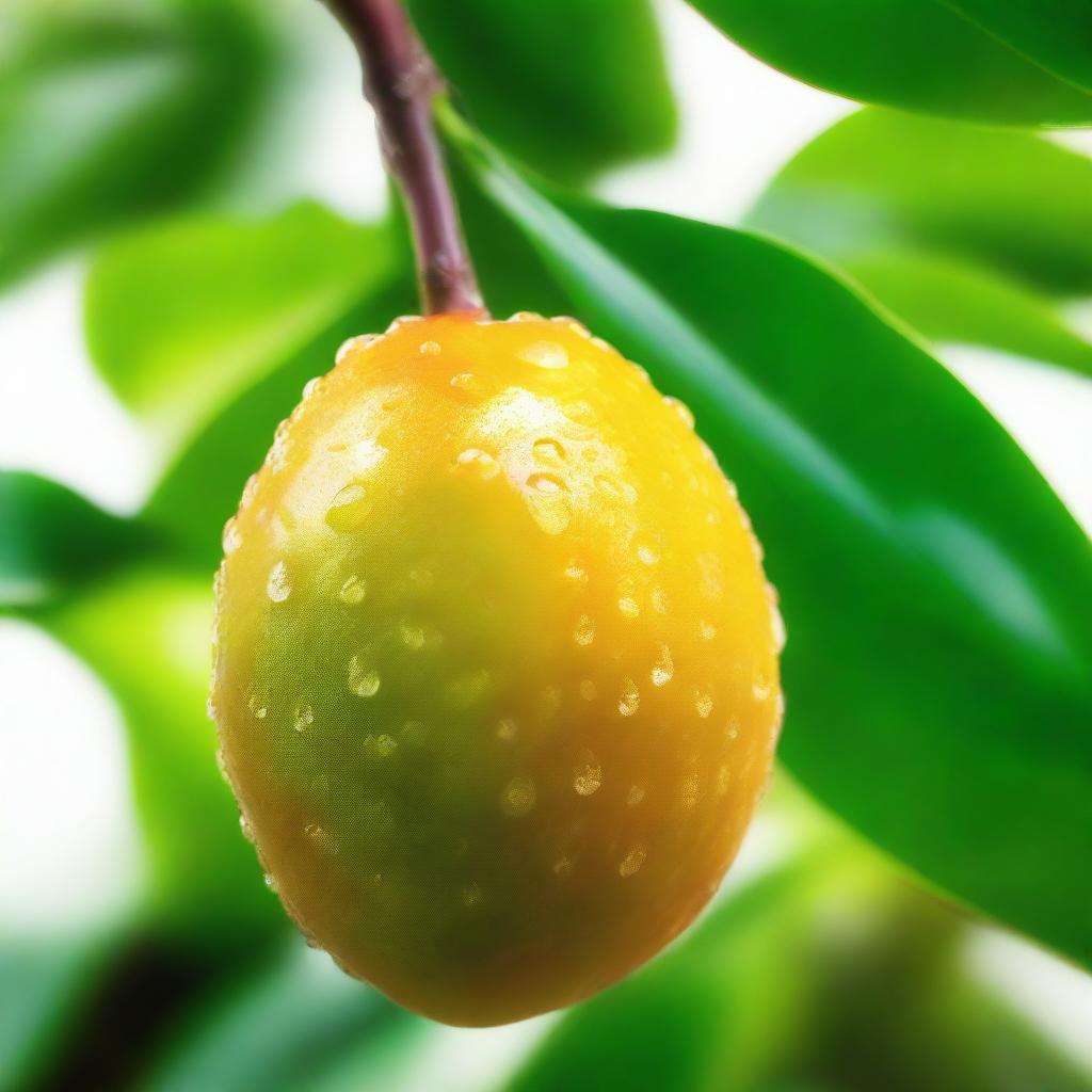 A reflective, shiny mango with dew drops, resting on a tropical leaf surface under soft sunlight