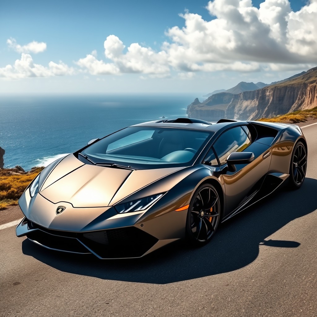 A striking Lamborghini sports car, featuring its iconic sharp lines and luxurious design