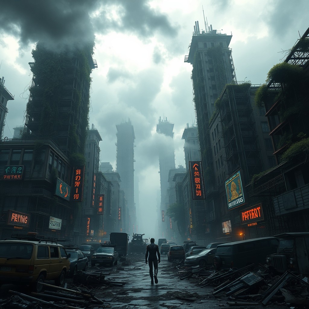 A sprawling dystopian cityscape with towering, crumbling skyscrapers draped in vines and overgrown vegetation