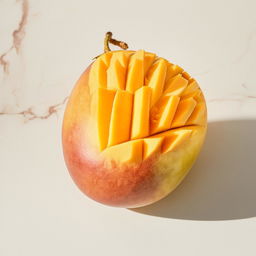 A ripe mango resting on a marble surface under diffused, natural light