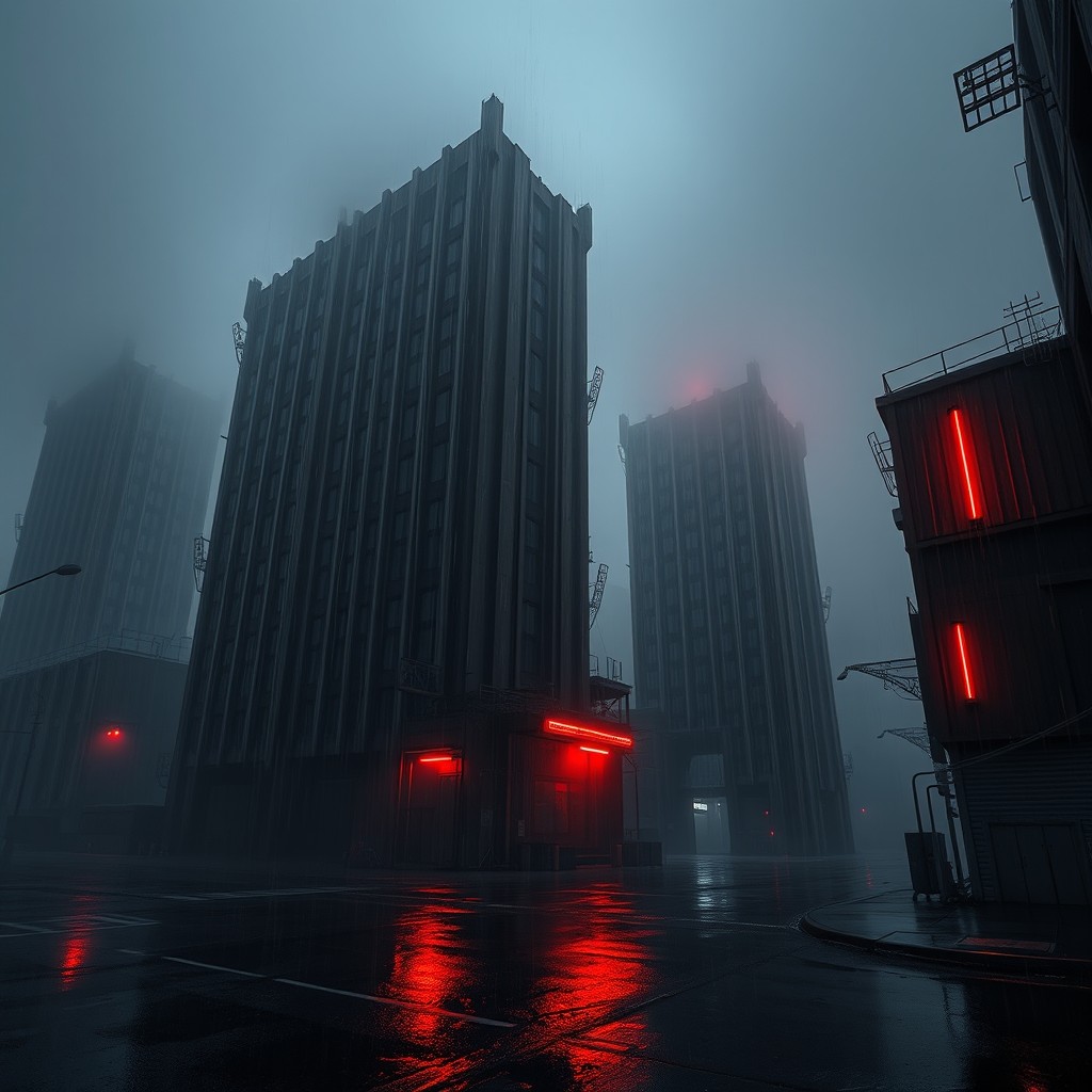 A scene of dystopian buildings shrouded in darkness, with a thick fog enveloping the area