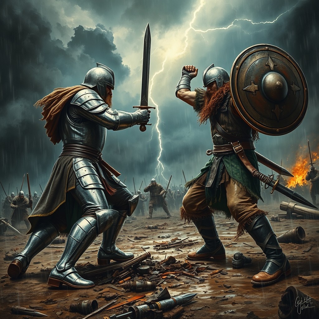 A dramatic scene depicting an intense confrontation between two warriors on a battlefield