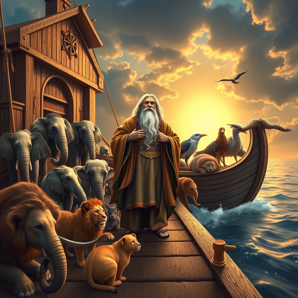 A majestic depiction of Prophet Noah standing on the deck of the Ark, surrounded by various animals, both wild and domestic, looking serene and wise