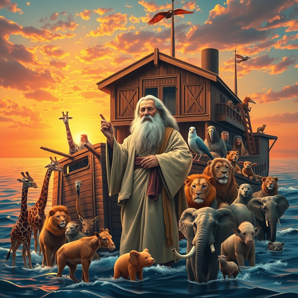 An inspiring portrayal of Prophet Noah on the deck of the Ark, unified with a diverse array of animals gathered around him
