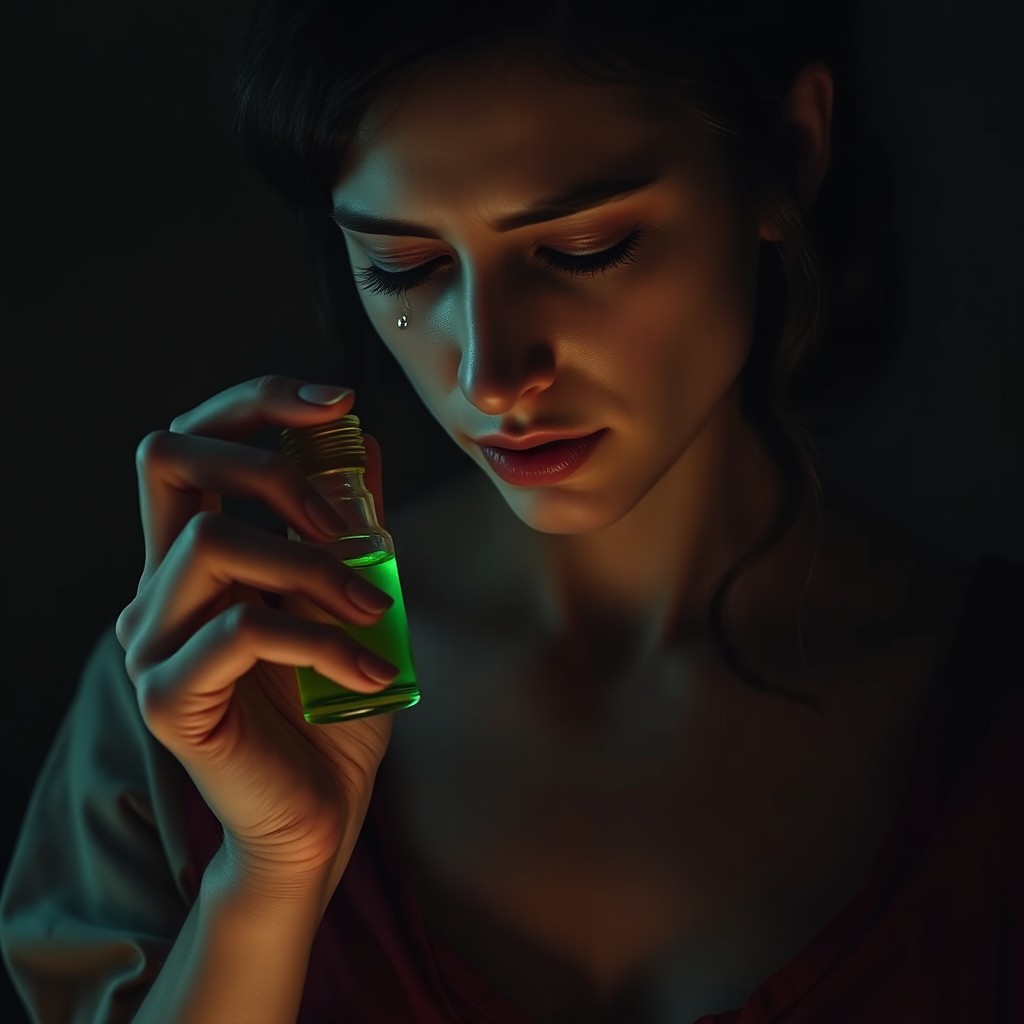 A somber scene depicting a woman standing still in dim light, her head tilted slightly as she presses a small, ornate vial of poison to her lips