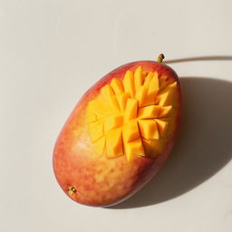 A ripe mango resting on a marble surface under diffused, natural light