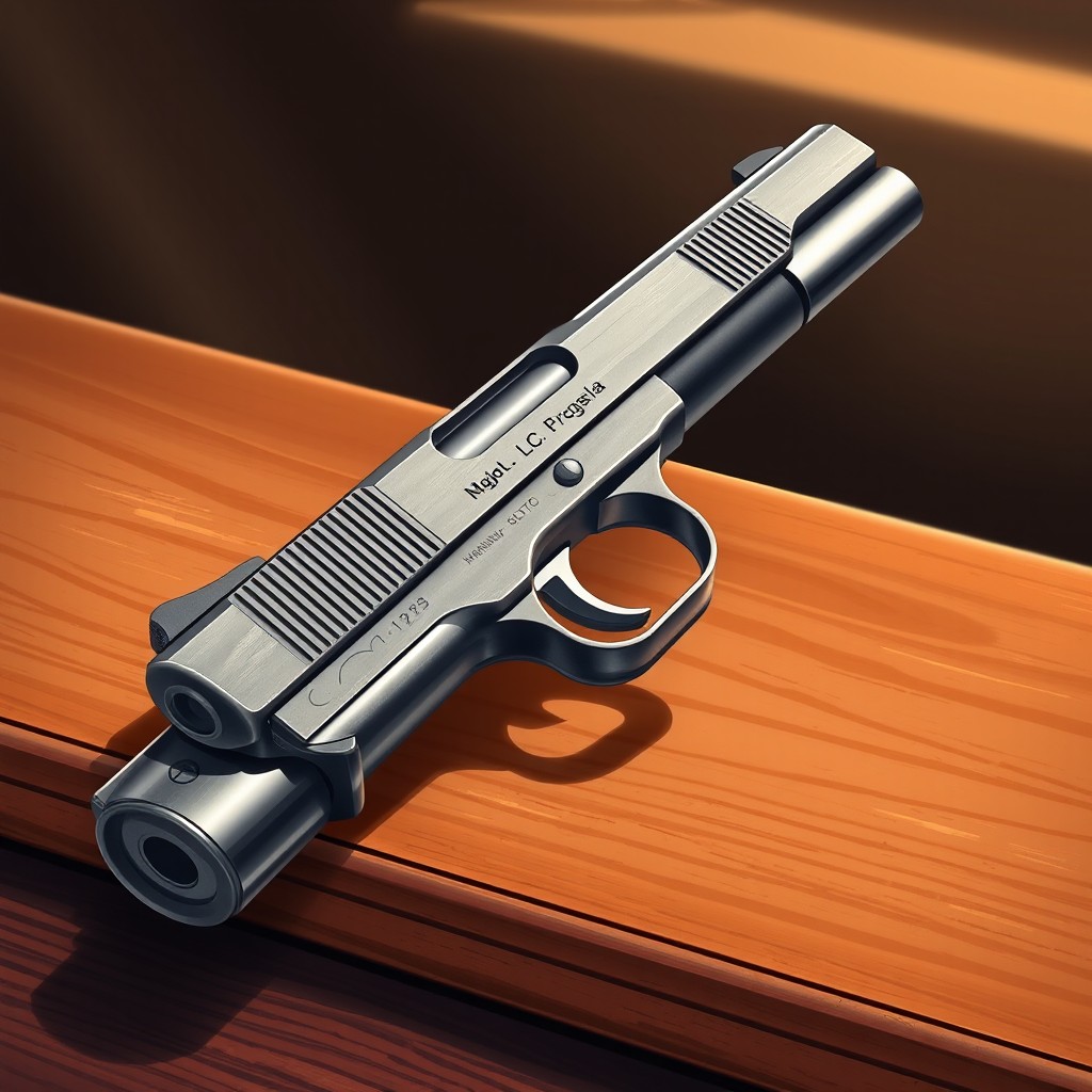 A highly detailed illustration of a classic M1911 pistol, showcasing its sleek design and craftsmanship