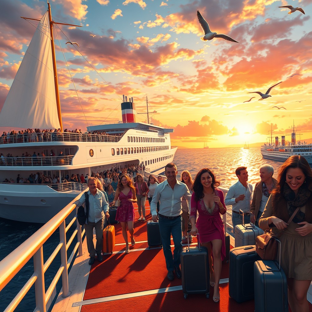 A vibrant scene depicting a diverse group of passengers excitedly boarding a grand ship at sunset