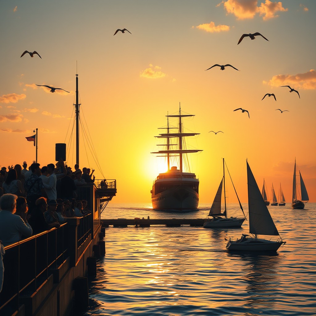 An enchanting scene capturing the moment a majestic ship departs from a bustling harbor, marking the beginning of a grand voyage