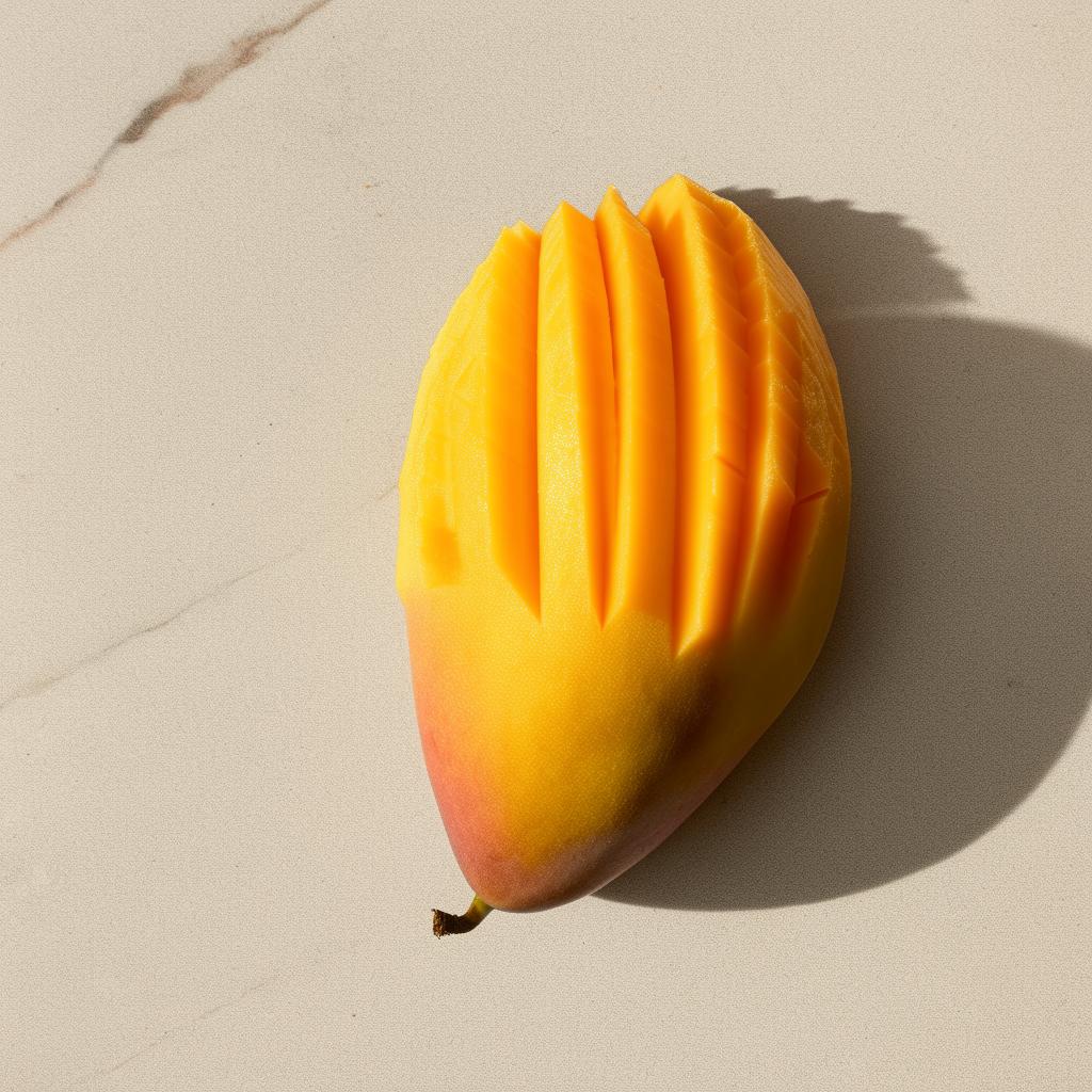 A ripe mango resting on a marble surface under diffused, natural light