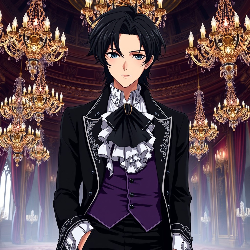 An anime character with striking dark hair styled fashionably, elegantly framing their face and cascading down their shoulders, embodying the allure of an 18th-century aristocrat